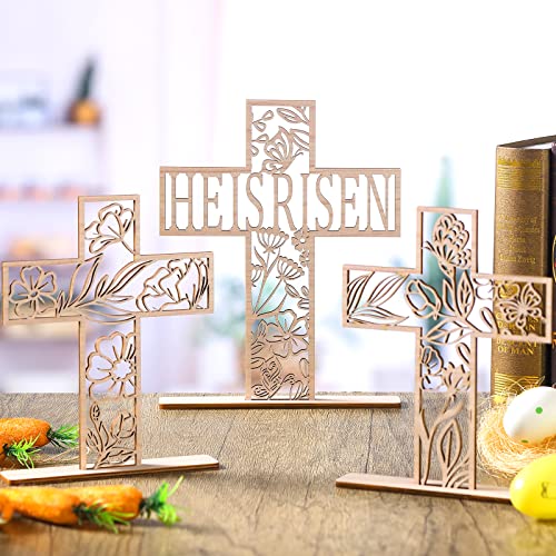 3 Pcs Easter Centerpieces for Table He Is Risen Sign Easter Cross Wooden Decor Religious Tabletop Wall Cross Christian Decorations for Home Easter Rustic Cross Art Easter Table Top Cross, 9.8'', 7.9''