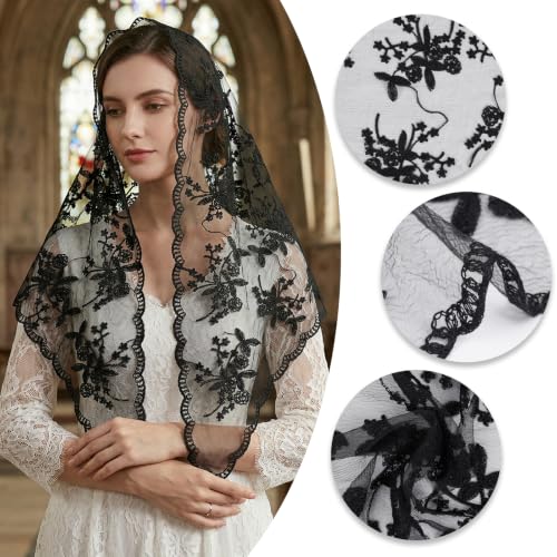 Lystaii Triangle Lace Mantilla Veil Catholic Chapel Head Covering Scarf - color: Black