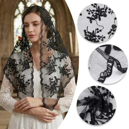 Lystaii Triangle Lace Mantilla Veil Catholic Chapel Head Covering Scarf - color: Black