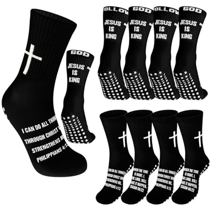 4 Pairs Cross Grip Soccer Socks, Us Size 6-12 - color: Black, style: Bible Verse