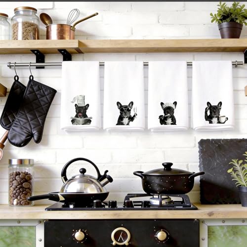 French Bulldog Kitchen Towels Set of 4, Funny Dog Dish Towels - color: Black French Bulldog