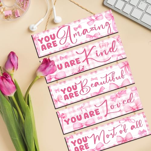 Pink Bows Wall Art Wooden Inspirational Girls Bedroom Signs Aesthetic Decor - color: Pink You Are Quotes