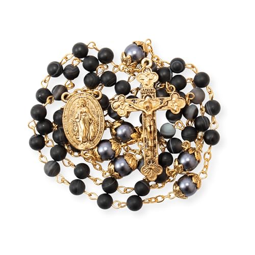 Nazareth Store Catholic Rosary Necklace Matte Stone Beads Green Pearl Round Beads Miraculous Medal & Cross - Velvet Bag - color: Black