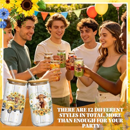 Teenyyou 12 Set of Highland Cow Glasses with Bamboo Lid and Glass Straw 16 oz Summer Drinking Cup Beer Iced Coffee Cup Tumbler Mugs for Teacher's Day Gift Holiday Party Office - style: Highland Cow