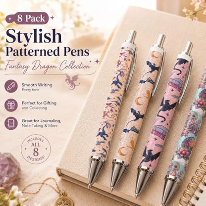 8PC Fantasy Dragon Pens Mystical Gothic Magical Mythical Wizard Sword Black Ink Writing Pen Office Supplies Unique Stationery Nurse Essentials For Work Spooky Gifts For Friends Coworkers Gamers - style: Fantasy Dragon