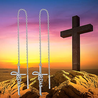 925 Sterling Silver Infinity Love of God Simple Dainty Faith Cross Dangle Earrings Religious Gift for Women - color: Jesus Chain