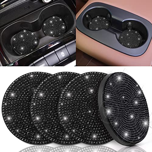 ToBeQueen Black Bling Car Cup Coasters, 4 Pack Crystal Rhinestone Bling Car Coaster Universal 2.75 Inch Anti-Slip Shockproof Car Cupholder Coaster Insert Auto Interior Accessories for Women, Black - color: C-black