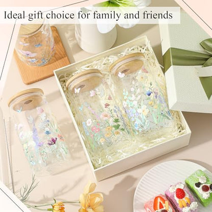 Mumufy 4 Pack Wildflower Glass Cup, 16 oz Tumbler Mug with Bamboo Lid - style: Wild Flower
