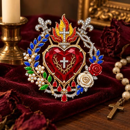 Sacred Heart of Jesus Brooch Pin, Virgin Mary Pin Catholic Sacred Heart Home Altar Church Baptism Religious Inspirational Jewelry Gift - color: Red Heart
