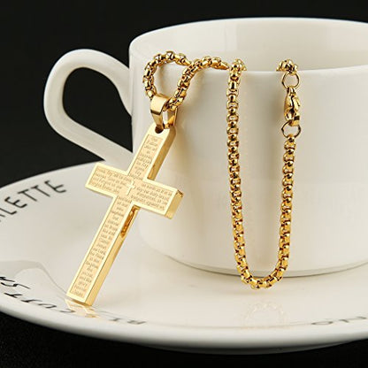 HZMAN Stainless Steel Cross Necklace for Men Women Lord's Prayer Pendant - color: Gold