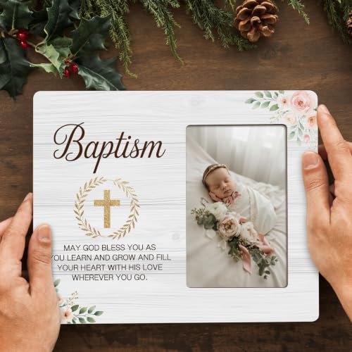 Baptism Picture Frame, Religious Wood Photo Frame, Christian Gift for Baptism, Christening, 4x6 Photo - color: White 3