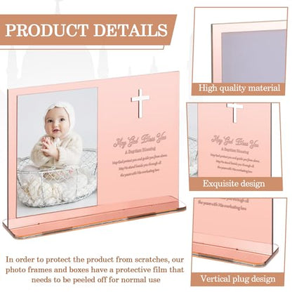 Vercraft 24 Set Baptism Picture Frame 3.5 x 5 Acrylic Baby Shower Baptism Favor Christening Gifts for Boy Girl with Plastic Crystal Boxes and Satin Ribbon Bows for Religious First Communion(Rose Gold) - color: Rose Gold