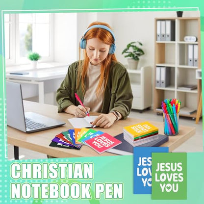 Eaasty 100 Pcs Christian Notebook Ballpoint Pen Gifts Bulk Include 50 Bible Verses Notepads 50 Jesus Loves You Pens for Office Birthday Wedding Baptism Sunday Church Supplies(100 Pcs,Jesus) - style: Jesus