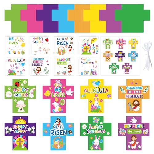 ANGOLIO Religious Easter Cross Craft Kit for Kids, 123Pcs DIY Christian Craft Sticker Hanging Ornaments with String for Home Classroom Sunday School Party Supplies Jesus He is Risen Easter Spring Gift - style: Easter