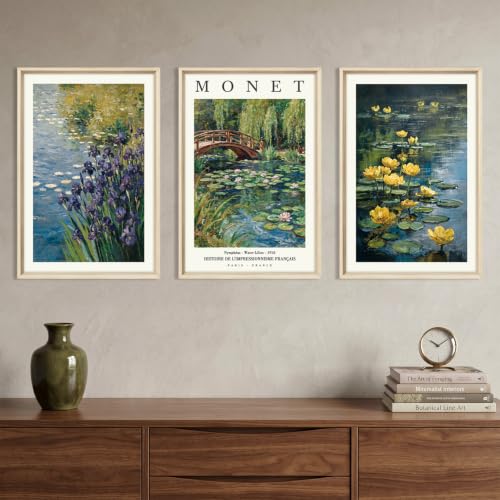 HOURIA Monet Water Lilies Impressionist Framed Canvas Wall Art Set, Sage Green Monet Pond Watercolor Floral Botanical Wall Decor, Natural Modern Landscape Artwork for Living Room, Farmhouse- 16"x24"x3 - color: Monet Water Lilies Wall Art, size: 16"L x 24"