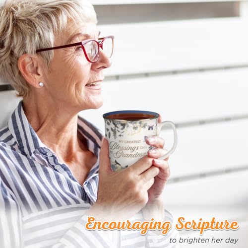 Christian Art Gifts Large Ceramic Coffee Scripture Mug for Grandmothers - color: White & Deep Blue Floral/Grandma
