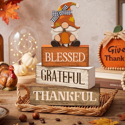 Lineshading 4 Pcs Fall Gnome Block Signs Thanksgiving Tiered Tray Decor - style: Blessed Gnome
