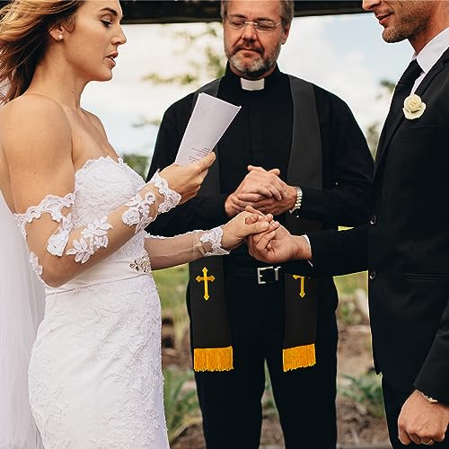 Panitay Embroidered Wedding Reversible Stole with Tassels Clergy Mass Stole with Cross Wedding Pastor Shawl - color: Black and White, style: Trendy