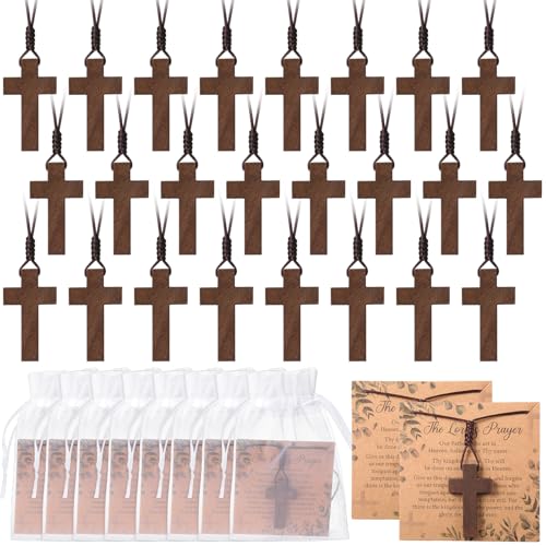 Ecation 24 Set Wooden Cross Necklace Bulk 24 Prayer Card 24 Organza Bag