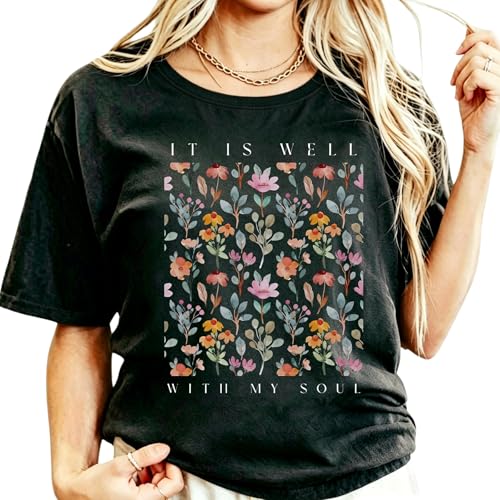 Christian Shirts for Women Vintage Bible Verse Boho Wildflowers Shirts Floral Graphic Jesus Tees - color: Dark Grey-2, size: X-Large