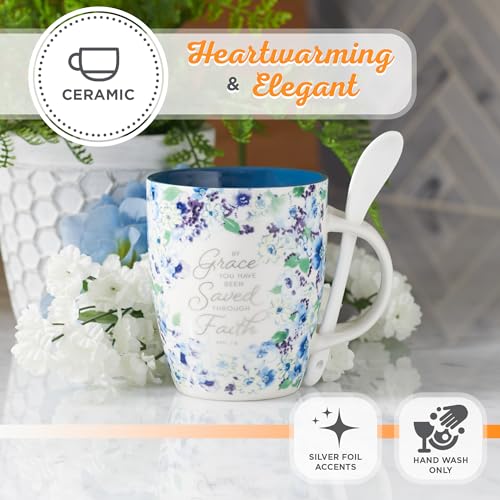 Christian Art Gifts Coffee and Tea Mug with Ceramic Spoon Set for Women - color: Grace/Navy Blue
