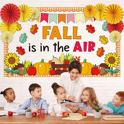Fall Thanksgiving Bulletin Board Set for Classroom Decoration Fall is in The Air Paper Cutouts with 3D Paper Fans Autumn Leaves Pumpkins Bulletin Board for School Office Harvest Wall Decor - style: Fall is in The Air