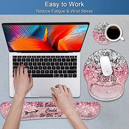 Keyboard Wrist Rest and Mouse Pad Wrist Support Set with Coasters, She Believed She Could So She Did Inspirational Quote Wrist Mouse Pad with Non-Slip PU Base for Computer Laptop Home Office - color: She Believed She Could So She Did Inspirational Quote