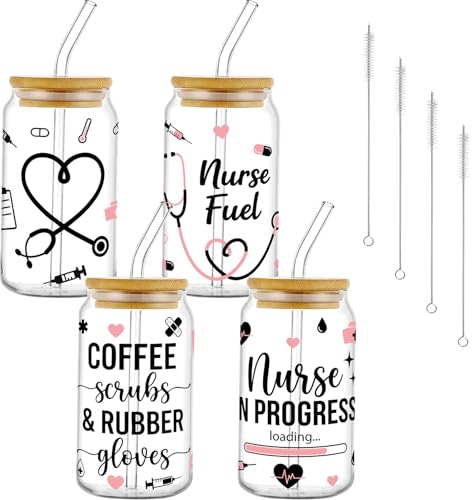Glass Cups with Lids and Straws, 4Pack, 16oz, Nurse Nursing - color: Nurse Appreciation