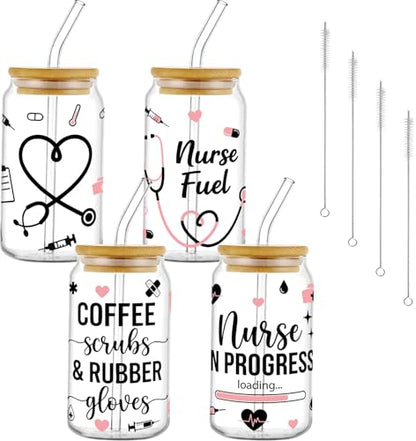 Glass Cups with Lids and Straws, 4Pack, 16oz, Nurse Nursing - color: Nurse Appreciation