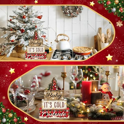 Britimes Tiered Tray Decor Set, 4 Pack, Wooden Table Sign, Plaid Farmhouse - color: Red