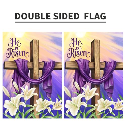He is Risen Easter Christian Garden Flags 12x18 Double Sided Burlap, Religious Cross Spring Lily Flower Sign Small Flag Farmhouse Yard Outdoor Decoration DF701 - size: 12" X 18"