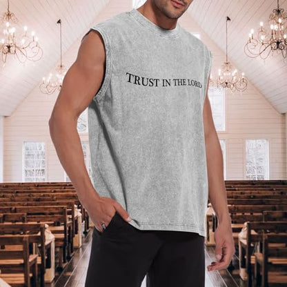 Mens Christian Tank Tops Trust in The Lord God Jesus Religious Faith Bible Verse Shirts Graphic Acid Wash Gym Tees - color: Light Gray, size: Small