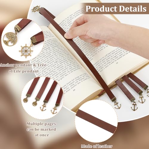 FINGERINSPIRE 2 Styles Leather Ribbon Bookmark 13.7x0.4 inch Cowhide Leather Bookmarks with 4 Ribbon Alloy Anchor Helm Tree of Life Pendant Saddle Brown Leather Bookmark for Women Men Book Lovers - color: Anchor & Life Tree Pendant