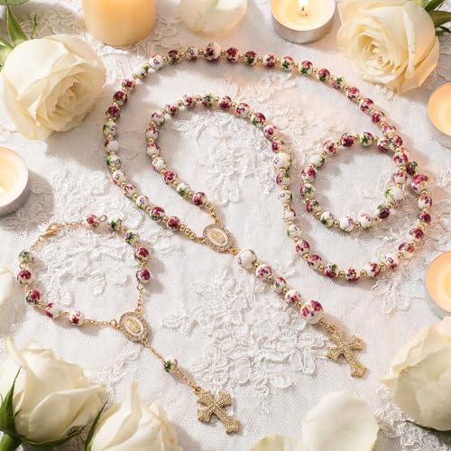 WILLBOND 3 Pcs First Communion Rosary and Candle Present Set, Rose Rosary