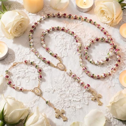 WILLBOND 3 Pcs First Communion Rosary and Candle Present Set, Rose Rosary