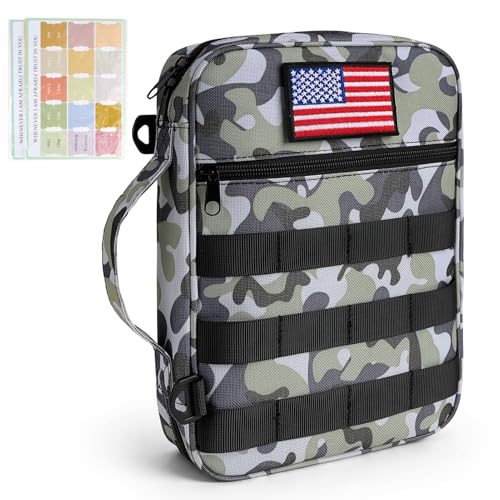 Tactical Bible Cover for Men, Camouflage Bible Case with Molle System, Hook-and-Loop Panels for Personal Patches,with Removable Shoulder Strap, Includes 2 Replaceable Patches - color: Camouflage