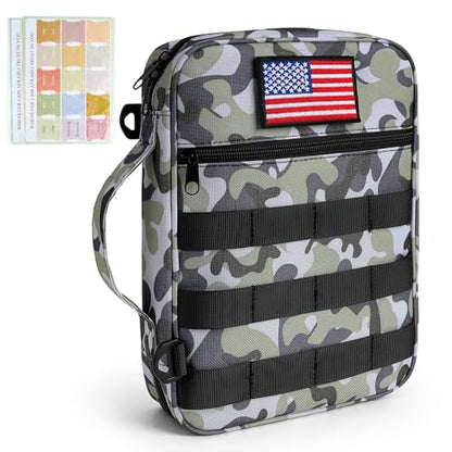 Tactical Bible Cover for Men, Camouflage Bible Case with Molle System, Hook-and-Loop Panels for Personal Patches,with Removable Shoulder Strap, Includes 2 Replaceable Patches - color: Camouflage