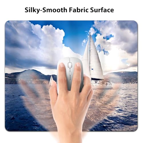 Nautical Sailing Boat and Sails on Sea Waves Cloudy Sky Adventure Photo Print Mouse Pad - color: Ocean Blue