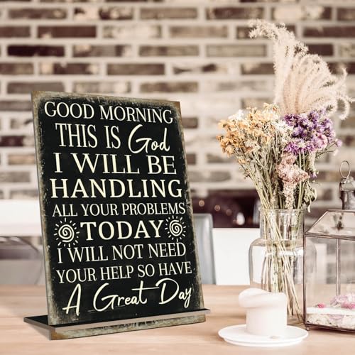 Putuo Decor Christian Table Decor - Good Morning This Is God I Will Be Handling All Your Problems Today - Catholic Inspirational Tabletop Sign Serenity Prayer Wood Sign for Home Office - color: This Is God I Will Be Handling