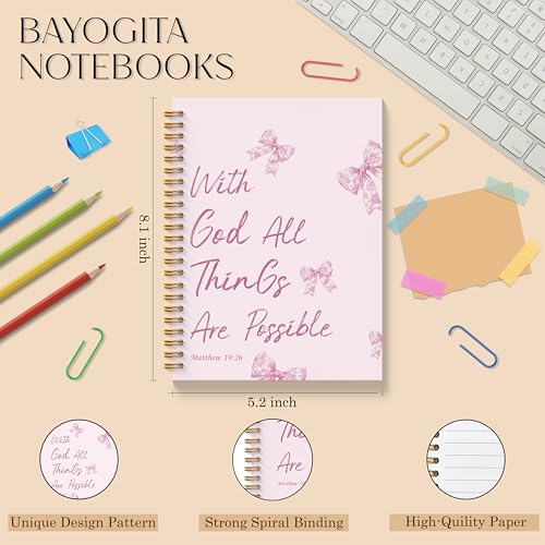 Pink Coquette Bow Christian Spiral Notebooks, With God All Things are Possible Bible Journaling Notebook, Religious Prayer Journal for Woman, Church Notes Notebook, 5.5x8.3 Inches - color: Pink God Bow