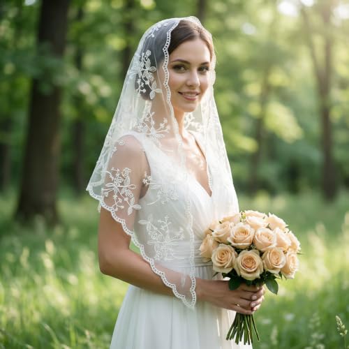 Lystaii Triangle Lace Mantilla Veil Catholic Chapel Head Covering Scarf - color: White