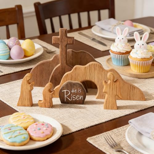 Easter Decorations, Wooden Empty Tomb Resurrection Decor, Cross Jesus Tomb Tray Set, Nativity Scene Decor, Religious Tabletop Easter Decor for Home and Office, Christian Gifts