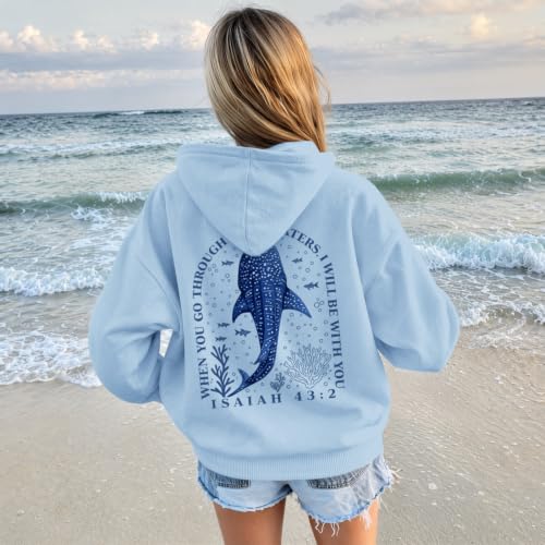 BeWithYou Christian Whale Shark Hoodies for Women Jesus Faith Sweatshirts God Religious Hoodie Bible Verse Graphic Pullover - color: Blue, size: Medium