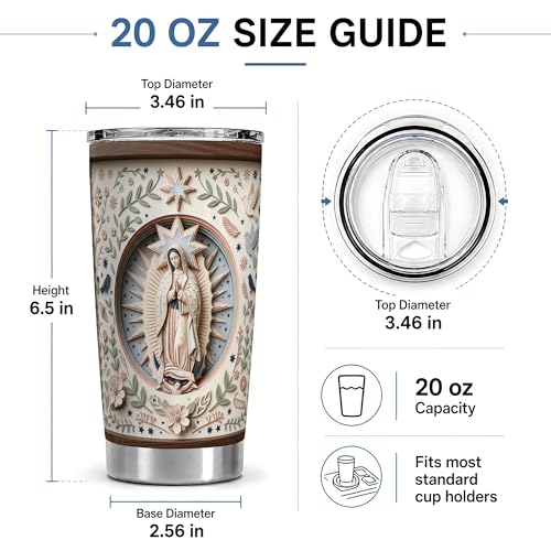 Virgin Mary Star Oval 20oz Tumbler, Marian Devotion Tumbler, Daily Tea Cup, Wood Rim Look, Pastel Floral Frame With Doves And Navy Stars, Soft Folk Art, Faithful Catholic Women - color: Virgin Mary 3