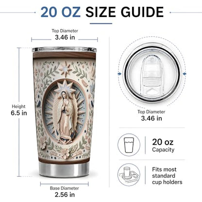 Virgin Mary Star Oval 20oz Tumbler, Marian Devotion Tumbler, Daily Tea Cup, Wood Rim Look, Pastel Floral Frame With Doves And Navy Stars, Soft Folk Art, Faithful Catholic Women - color: Virgin Mary 3