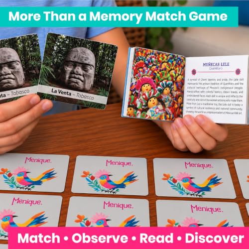 Menique Mexican Roots Memory Matching Game – Bilingual Mexico Culture Matching Game, 100 Photo Cards, 50 Pairs & 2 Booklets – Family Educational Game, Ages 3+ - style: Mexican Roots