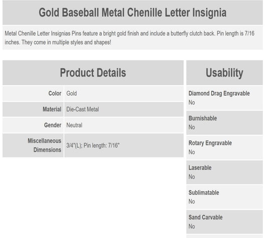 Sport Pins. Chenille Letter Pins. 4 Per order. School Sports Pin for Recognition and Achievement. - style: Baseball