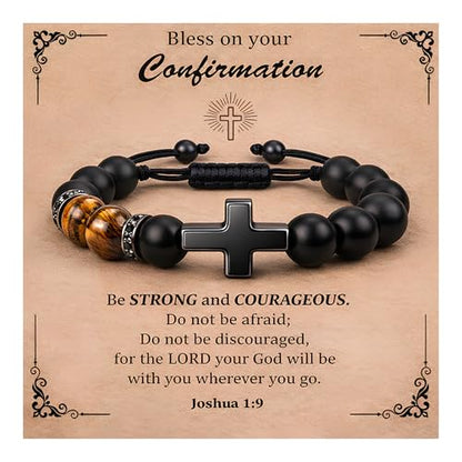 Christian Cross Bracelet Gift for Men Boys Adjustable Beaded Cross Bracelet Religious Jewelry with Message Card for Communion Baptism Confirmation Easter - style: Classic Cross Confirmation