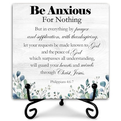 Be Anxious For Nothing Wooden Sign Decor, Philippians 4:6-7 Scripture Plaque, Rustic Wooden Plaque Sign With Iron Stand, Farmhouse Home Office Restroom Desk Shelf Decorations - style: Christian-B