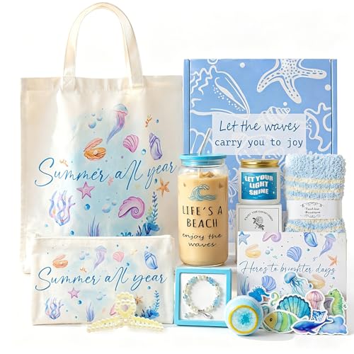 Gifts for Women, 10pcs Ocean Themed Happy Birthday Gifts for Women, Gift Basket Filled with Beach Lover Essentials Blue Ideas Inspirational w/ Seashell Tote Bag Thinking of You for Mom Sister Friend - color: Blue